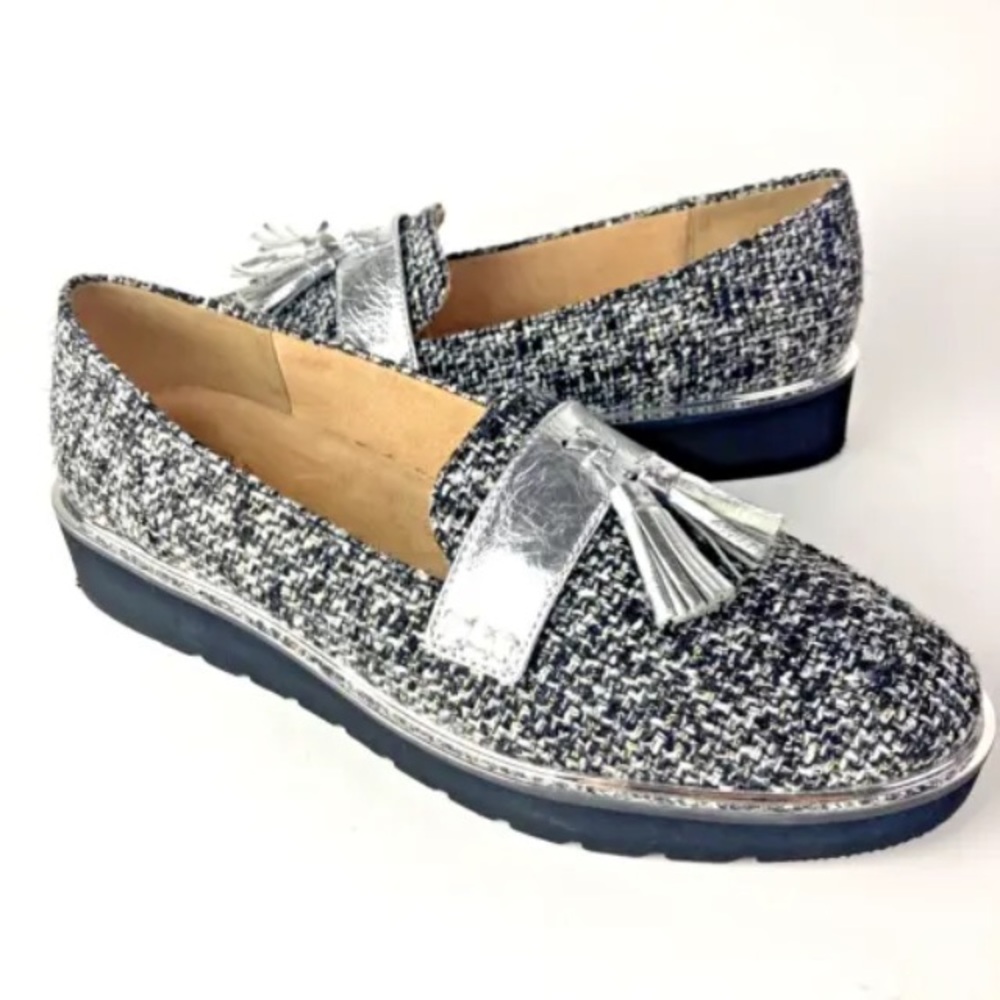Naturalizer 11 Loafers Black White Silver Tweed Lug August Tassel